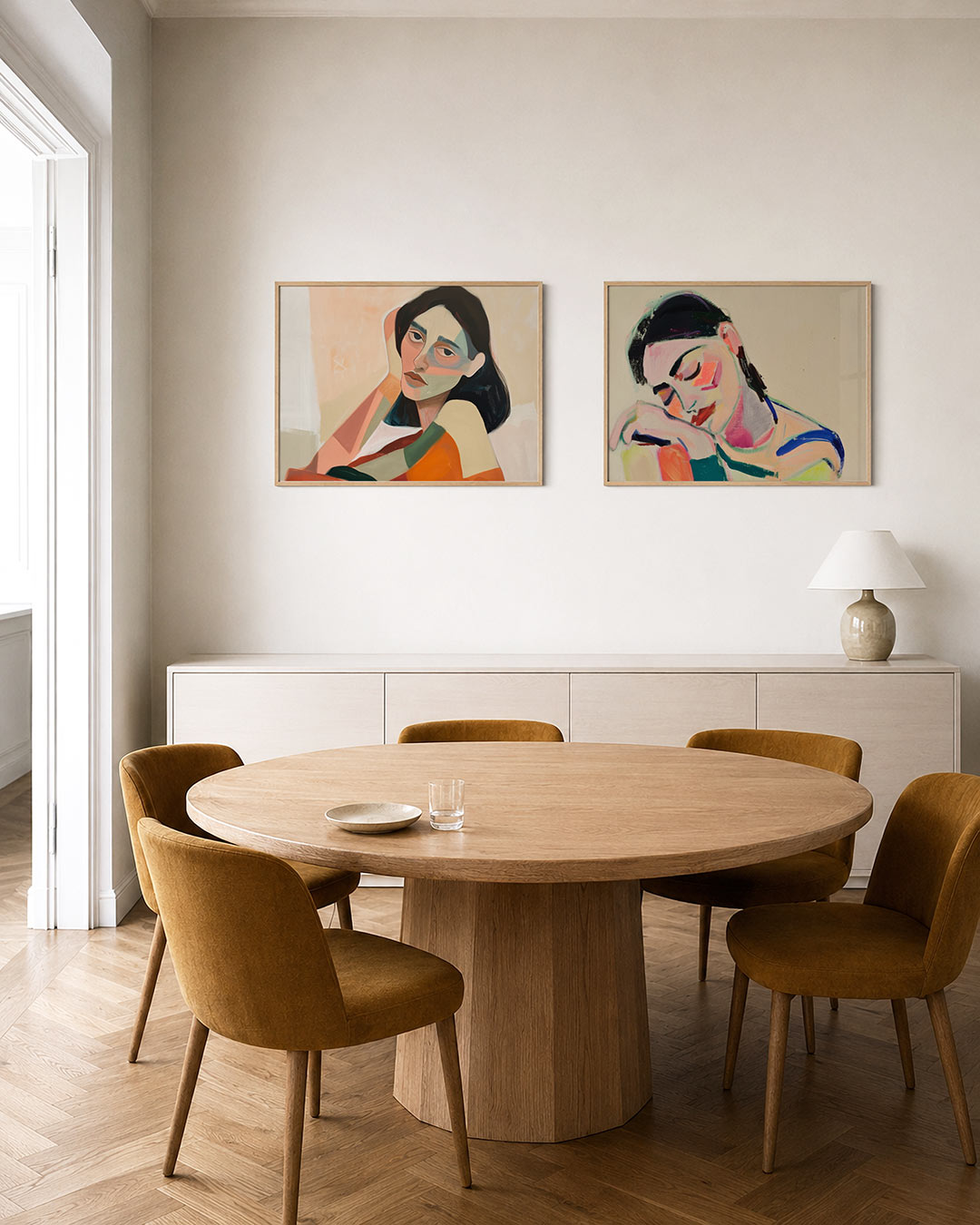 Twee liggende posters met een portret met zachte pasteltinten en gedurfde vlakken, aan de muur in een interieur
