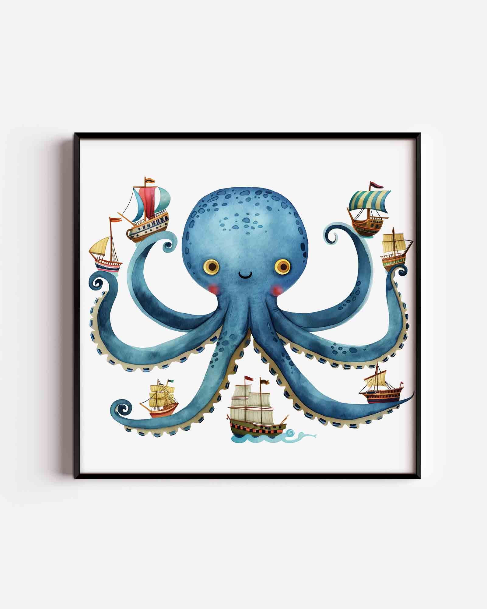 Blauwe octopus met schepen Poster