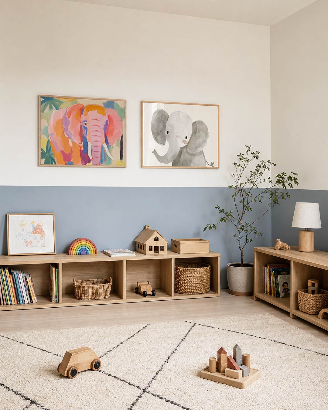 Twee liggende posters met een speelse olifant, aan de muur in een interieur
