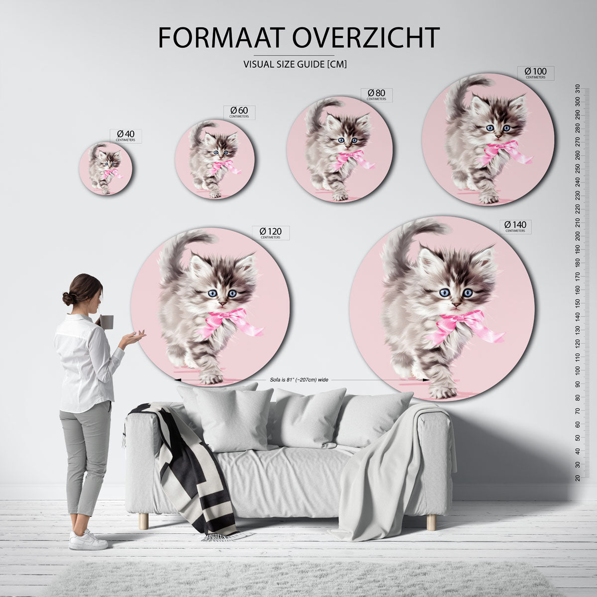 Kitten met roze strik Muurcirkel