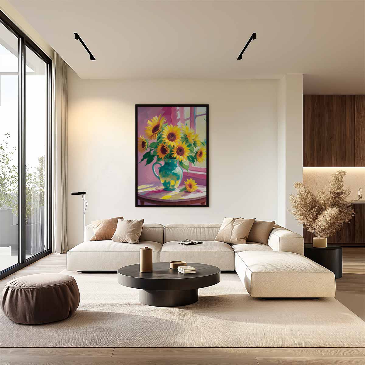 Stralende Zonnebloemen in Vaas Kunstwerk-canvas-dibond-plexiglas-wanddecoratie-WallArtistic