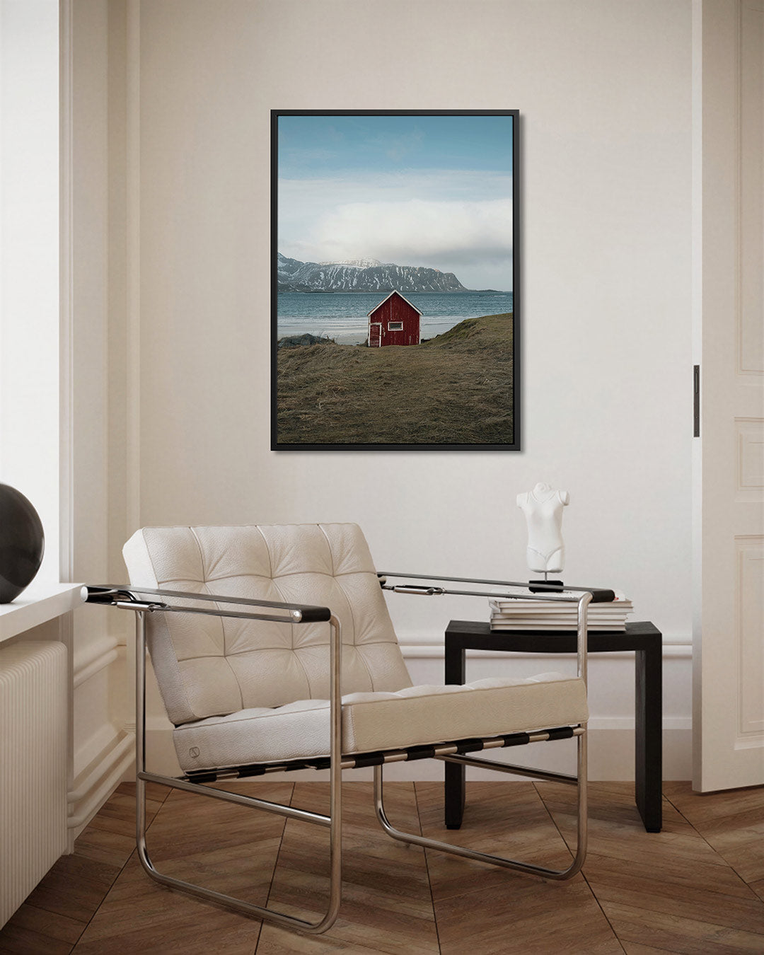 Rood huisje aan zee Kunstwerk