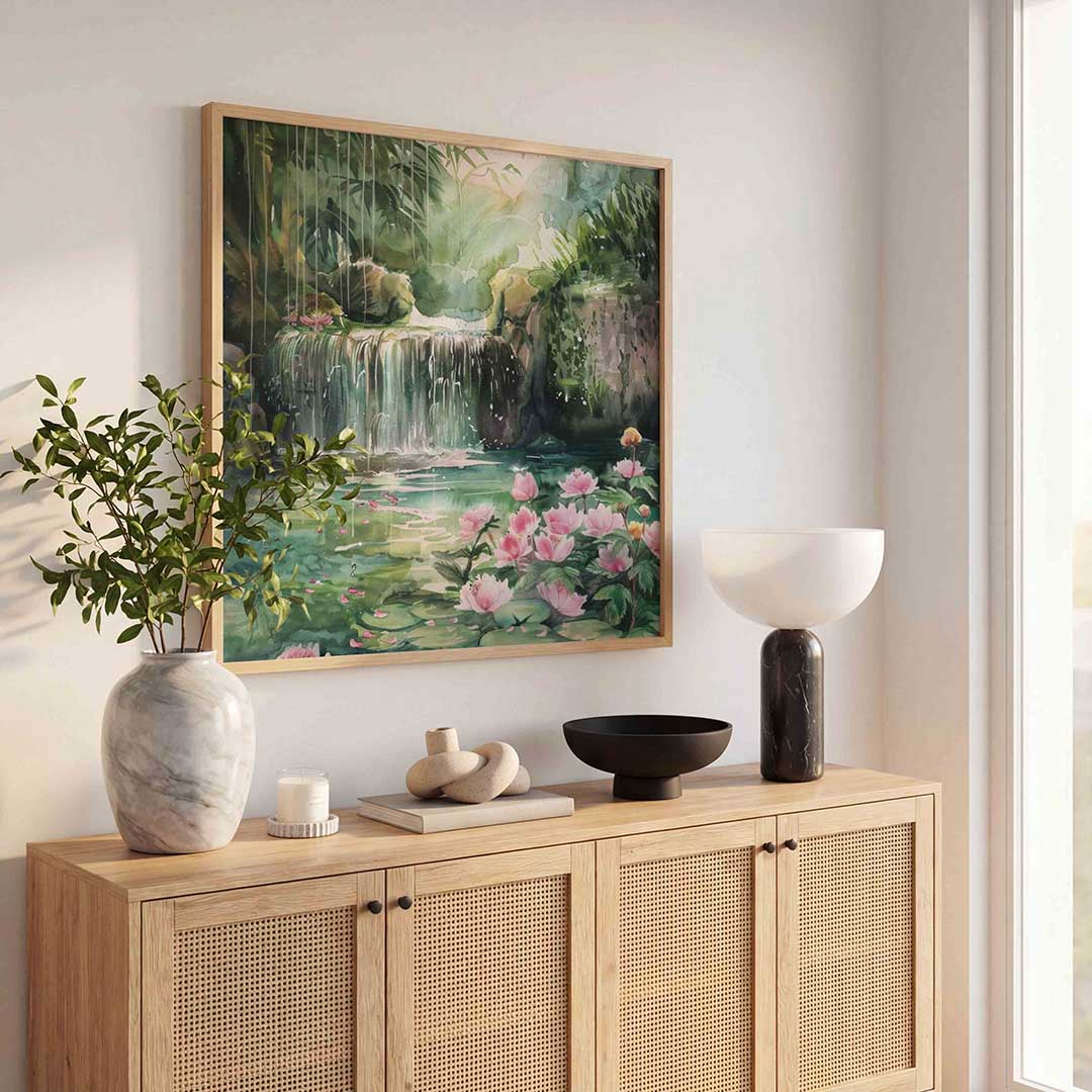 Waterval en bloemen Poster