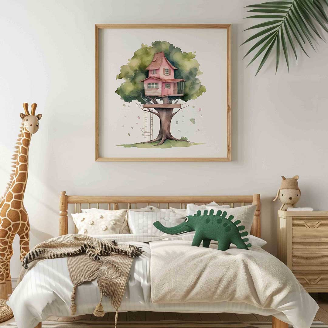 Boomhut met roze huis Poster