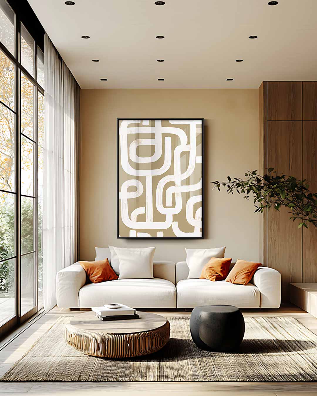 Organische Lijnen in Beige Kunstwerk-canvas-dibond-plexiglas-wanddecoratie-WallArtistic