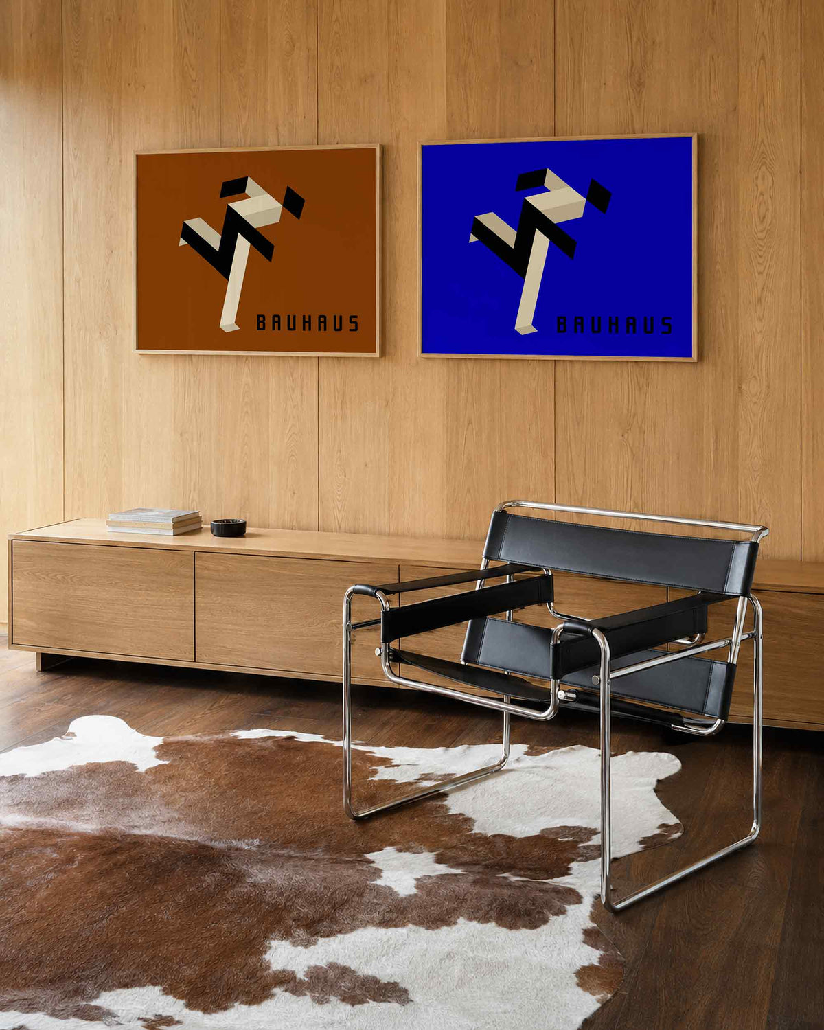 Interieurmockup van tweedelige landscape-posterset met zigzaglint in bruin en blauw