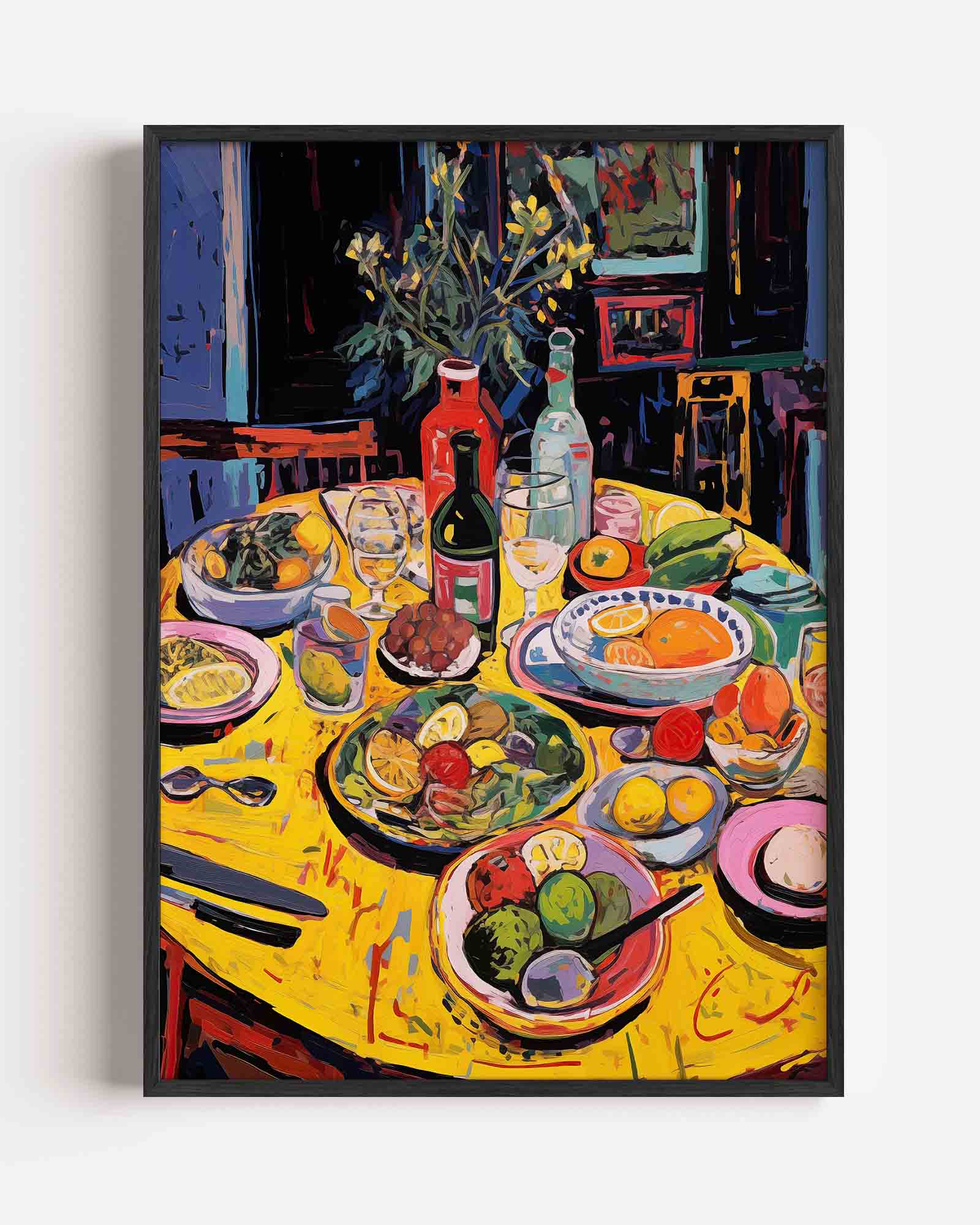 Fruit en flessen op tafel Poster
