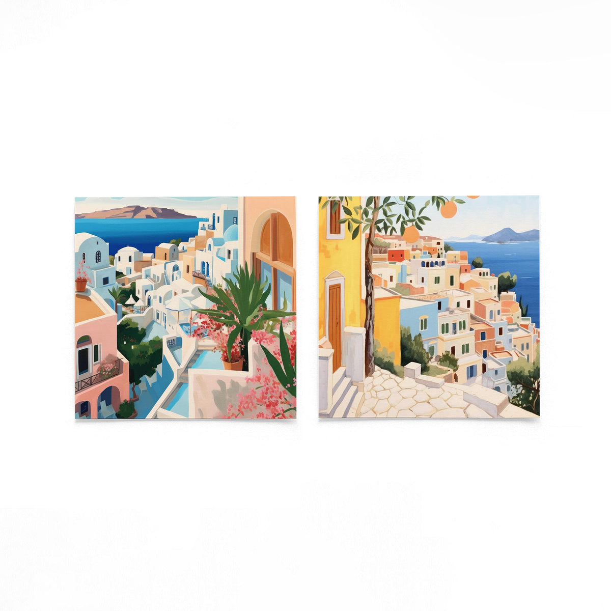 Twee vierkante posters met eilanddorp aan zee op een gebroken witte achtergrond