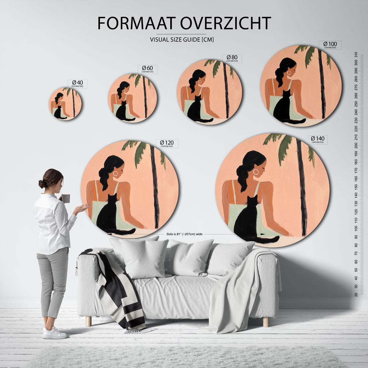 Vrouw met kat en palmboom Muurcirkel
