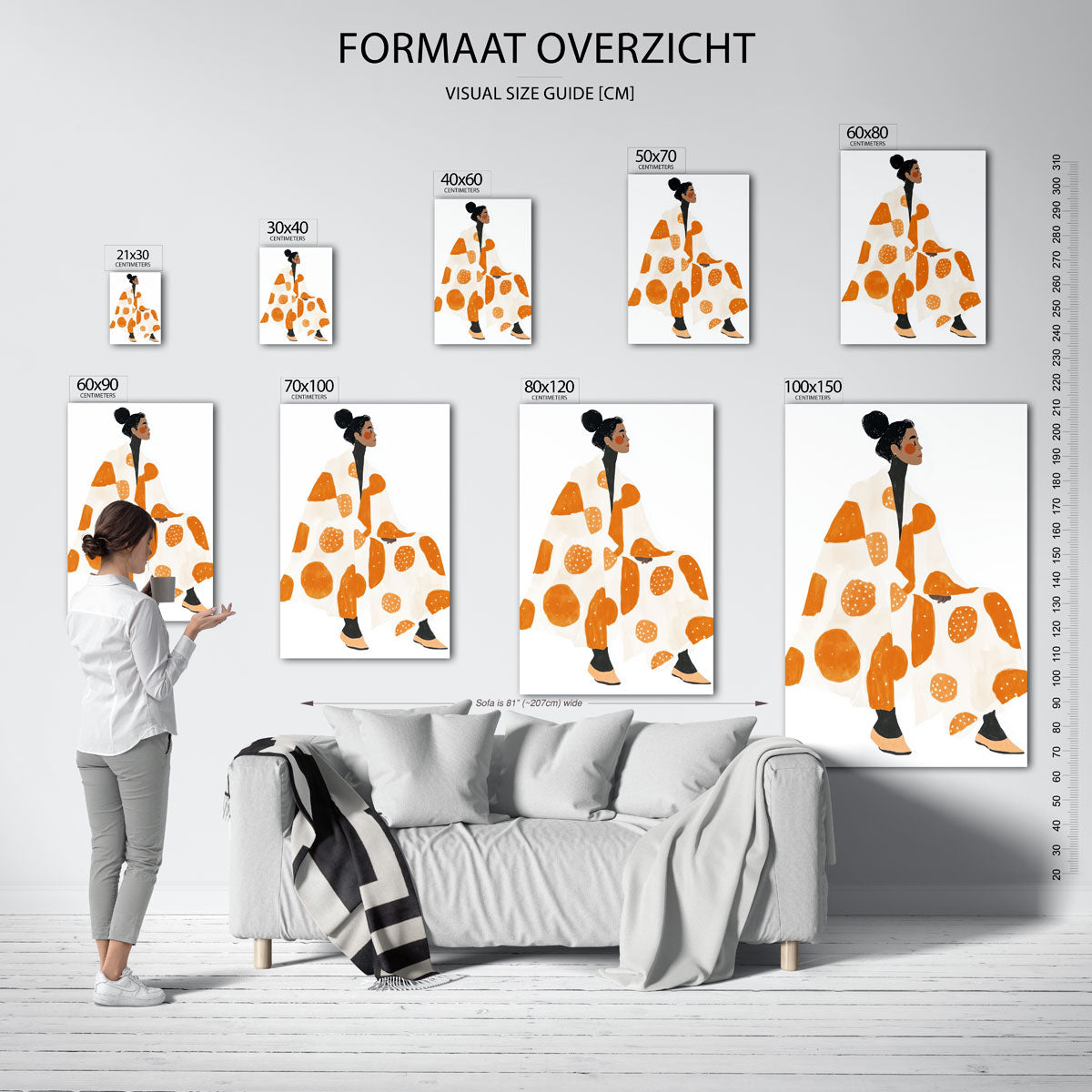 Vrouw in oranje en witte stippen Poster
