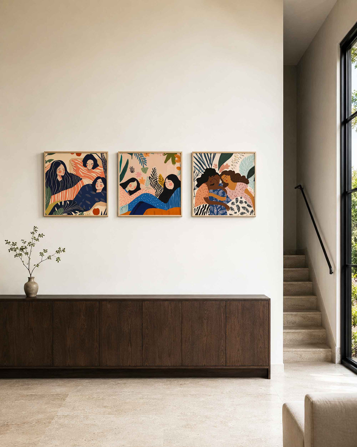 Interieurpresentatie van een driedelige vierkante posterset met vrouwen in botanische rust