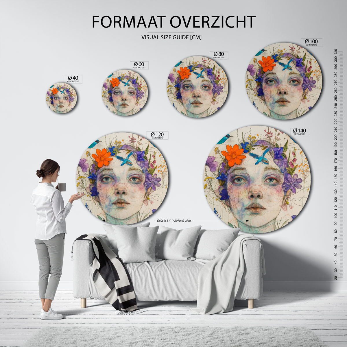 Vrouw met bloemen en vogels Muurcirkel