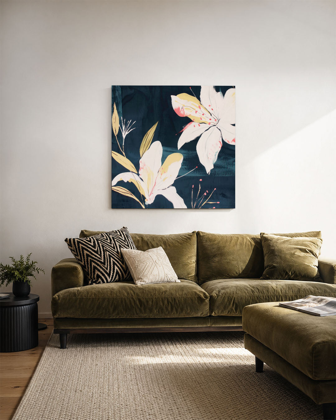 Bloemmotief op donkerblauw Kunstwerk