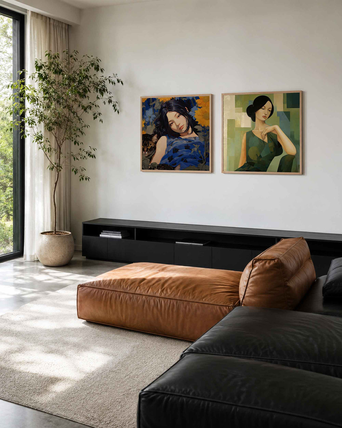 Interieurpresentatie van een tweedelige vierkante posterset met portretten van vrouwen