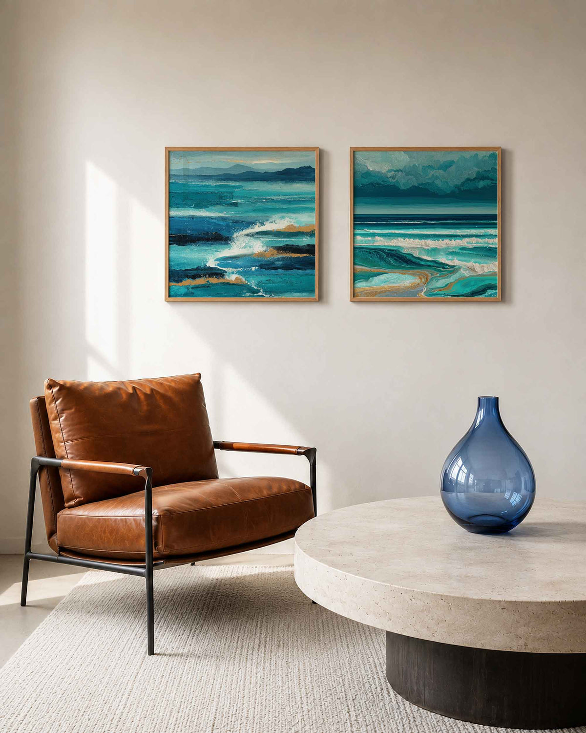 Interieurpresentatie van een tweedelige vierkante posterset met zee en golven