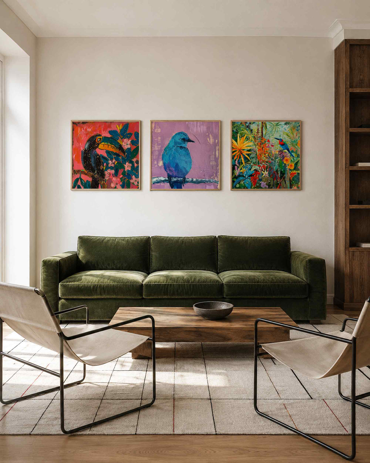 Interieurpresentatie van een driedelige vierkante posterset met kleurrijke vogels