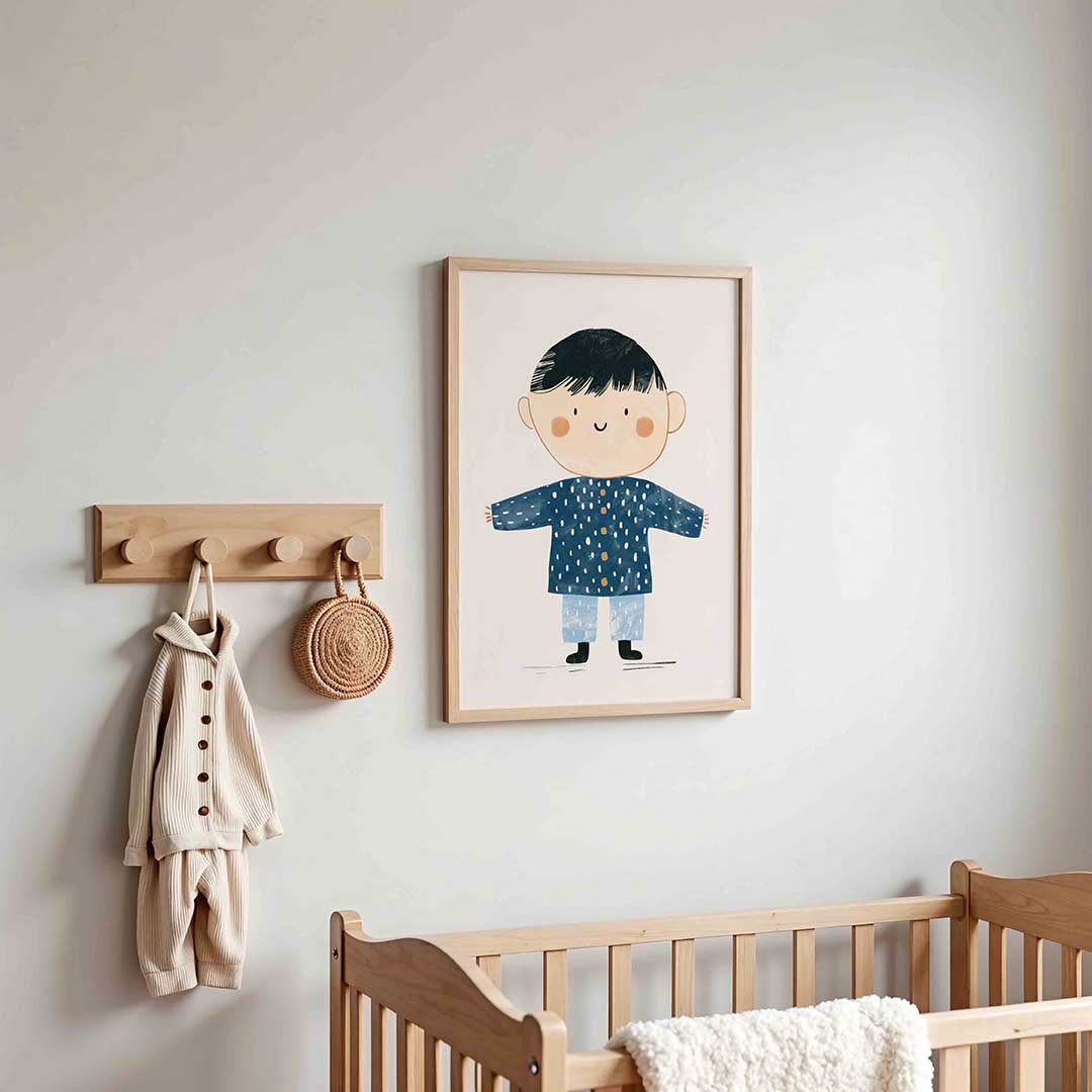 Jongen in blauwe jas Poster
