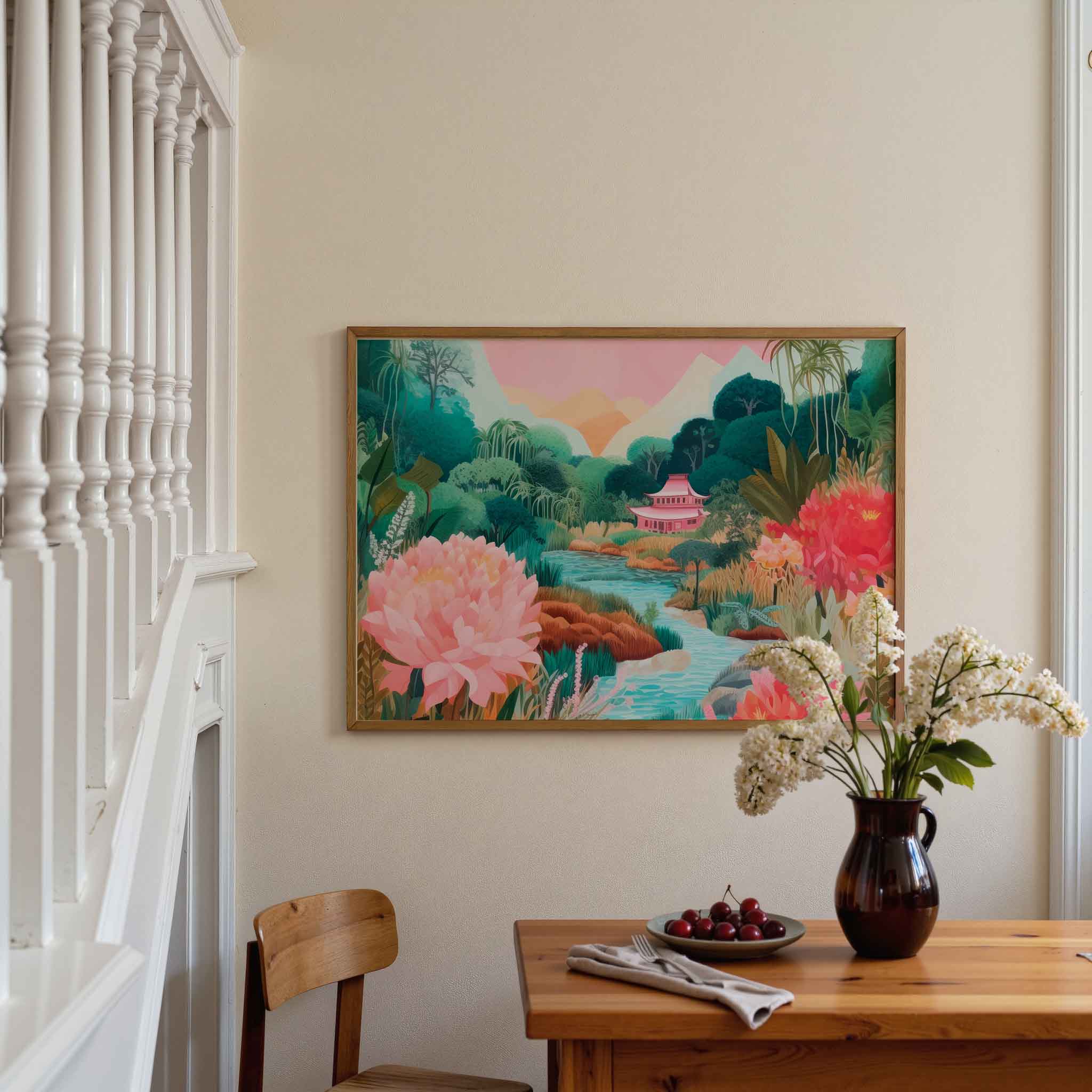 Serene landschap met tempel Poster