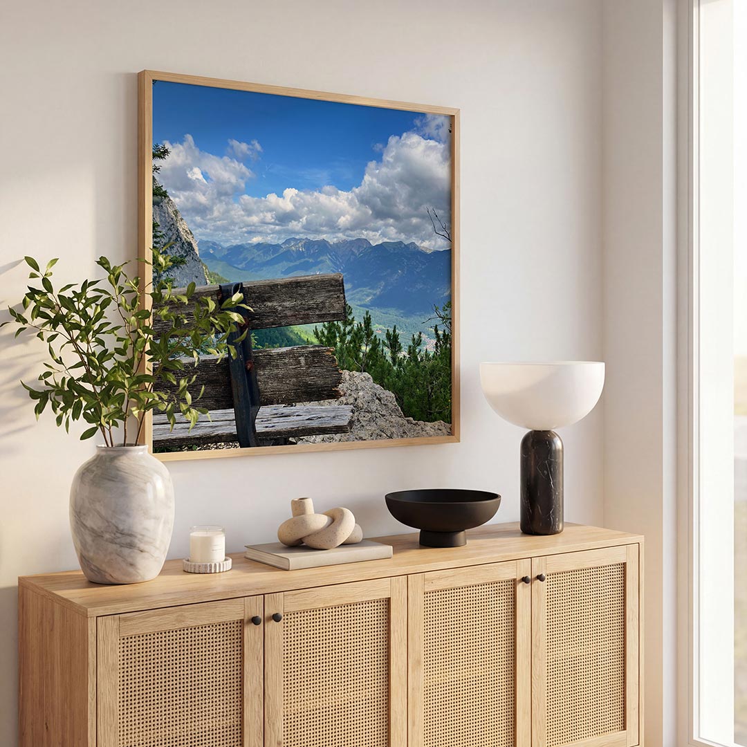 Berglandschap met bank Poster