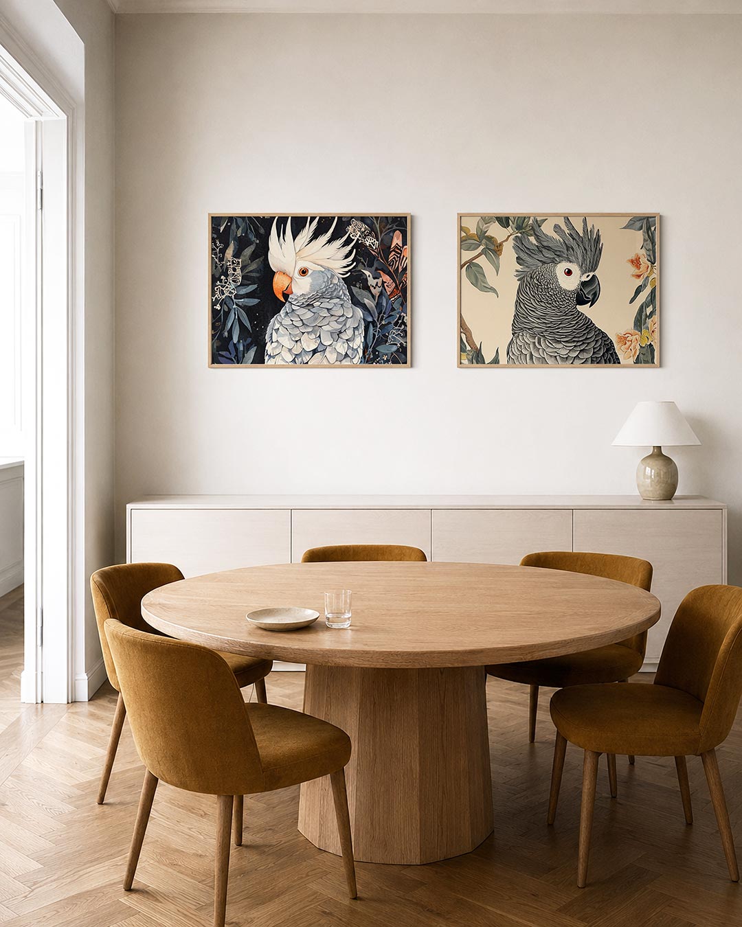 Interieurpresentatie van twee posters met een levendige papegaai met een oranje snavel en witte kuif