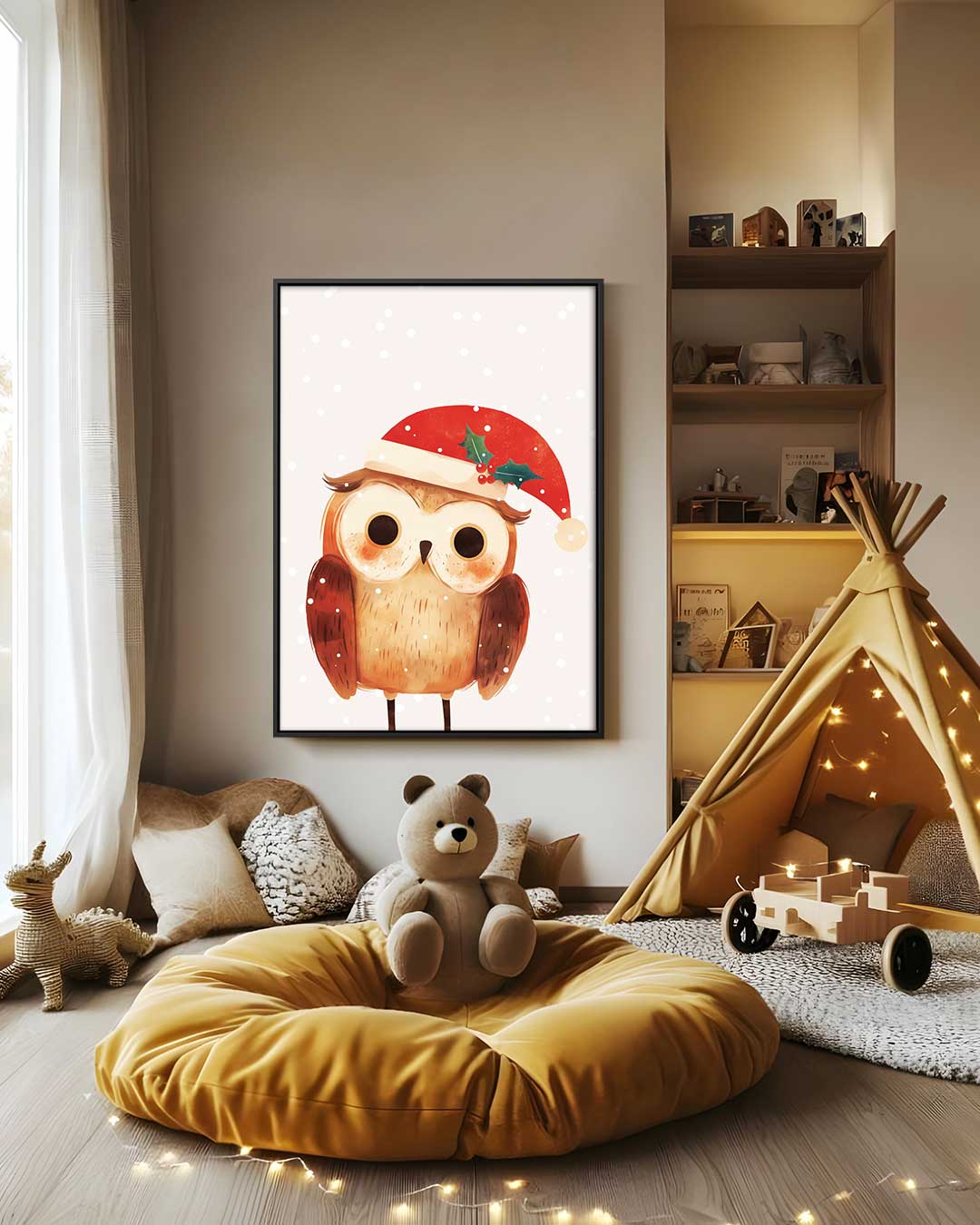 Kerstuil met Kerstmuts Kunstwerk-canvas-dibond-plexiglas-wanddecoratie-WallArtistic