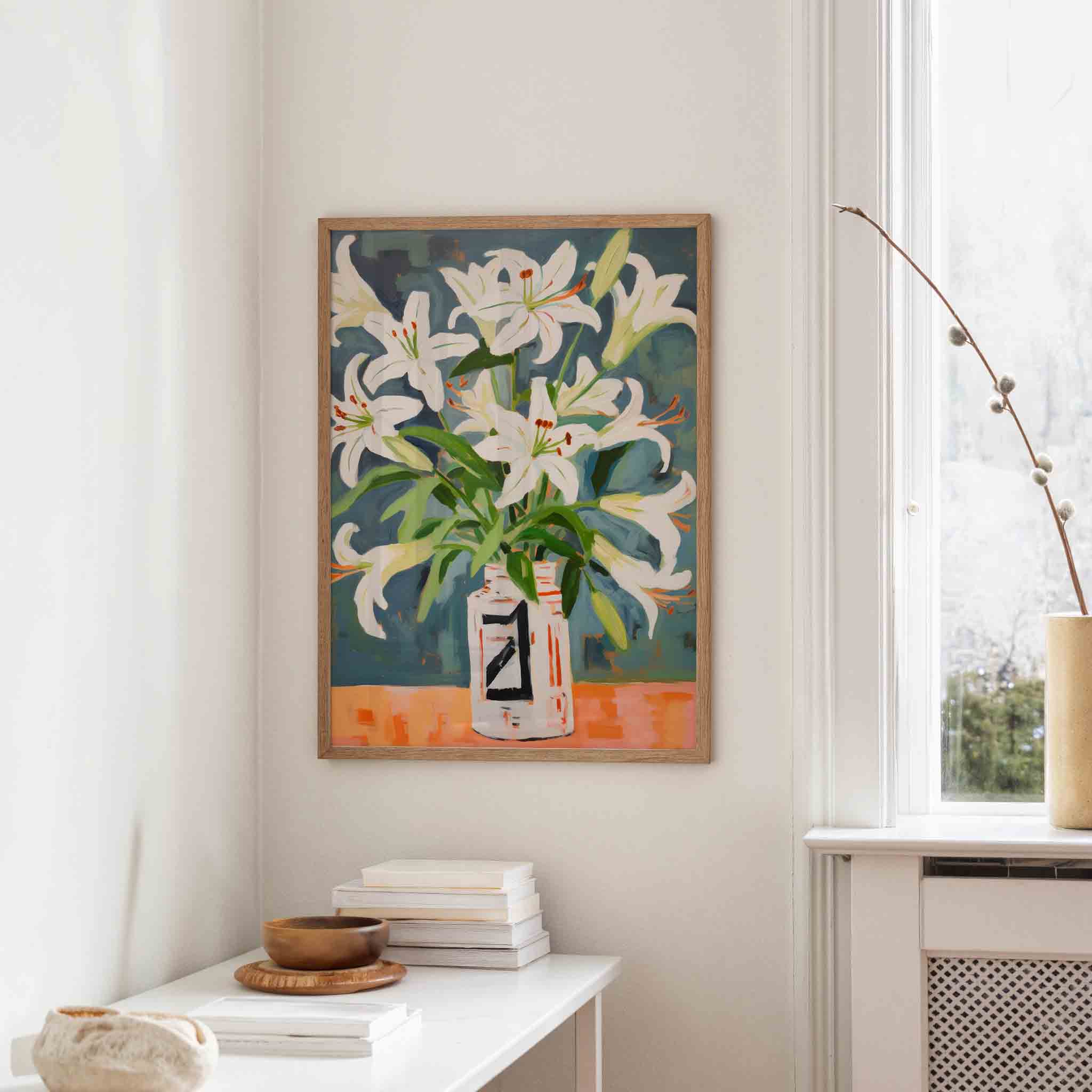 Witte lelies in vaas Poster