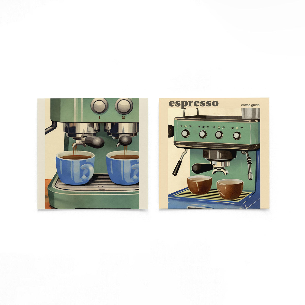 Twee vierkante posters met espressomachine op een gebroken witte achtergrond