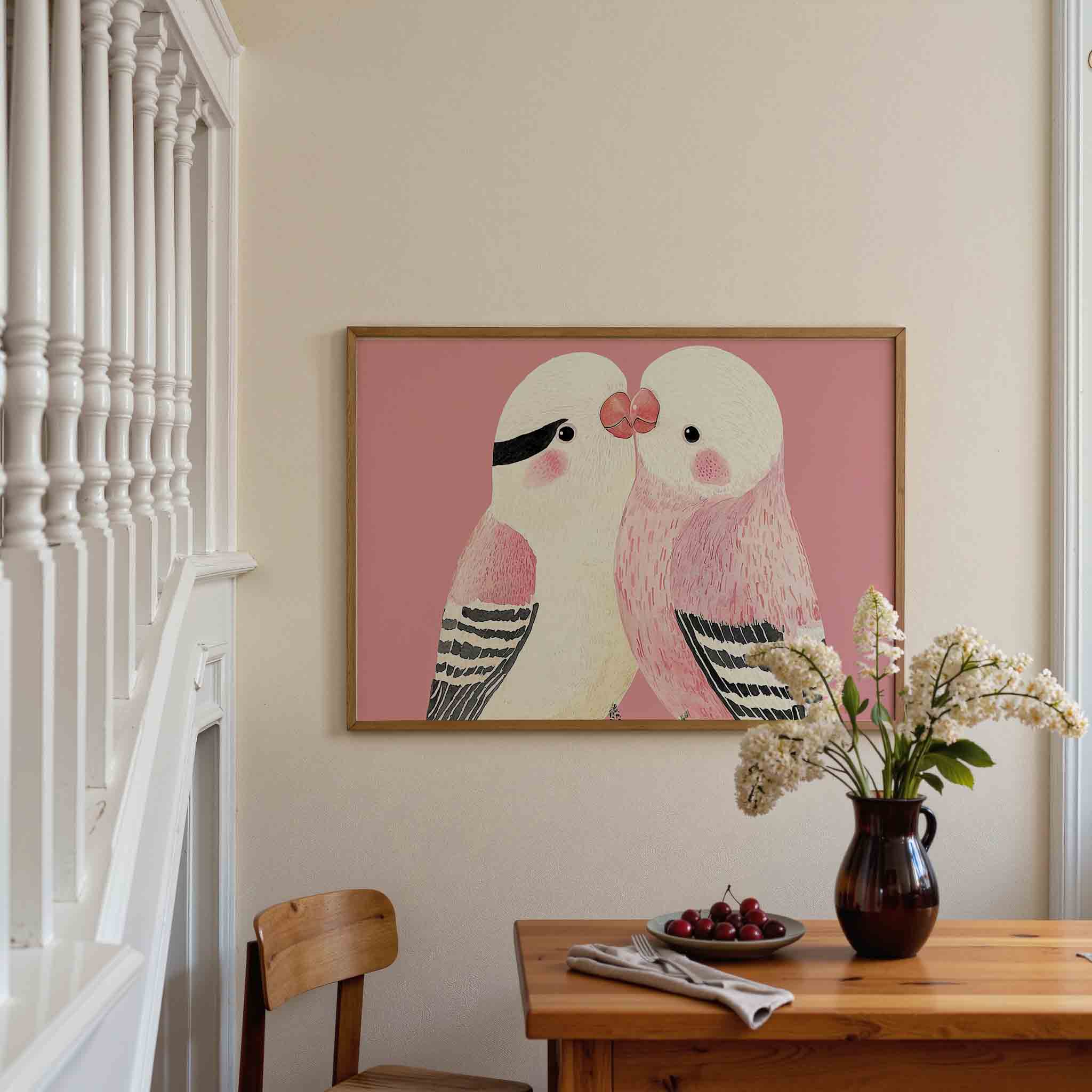 Twee vogels op roze Poster