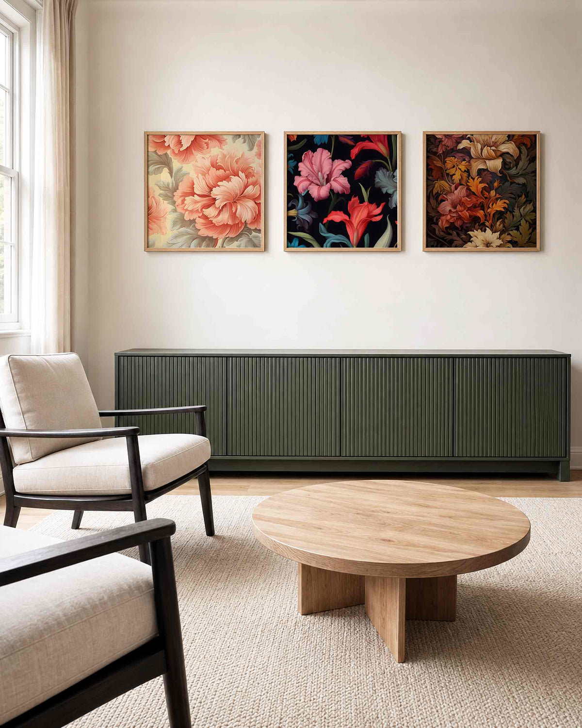 Interieurpresentatie van een driedelige vierkante posterset met kleurrijke bloemen