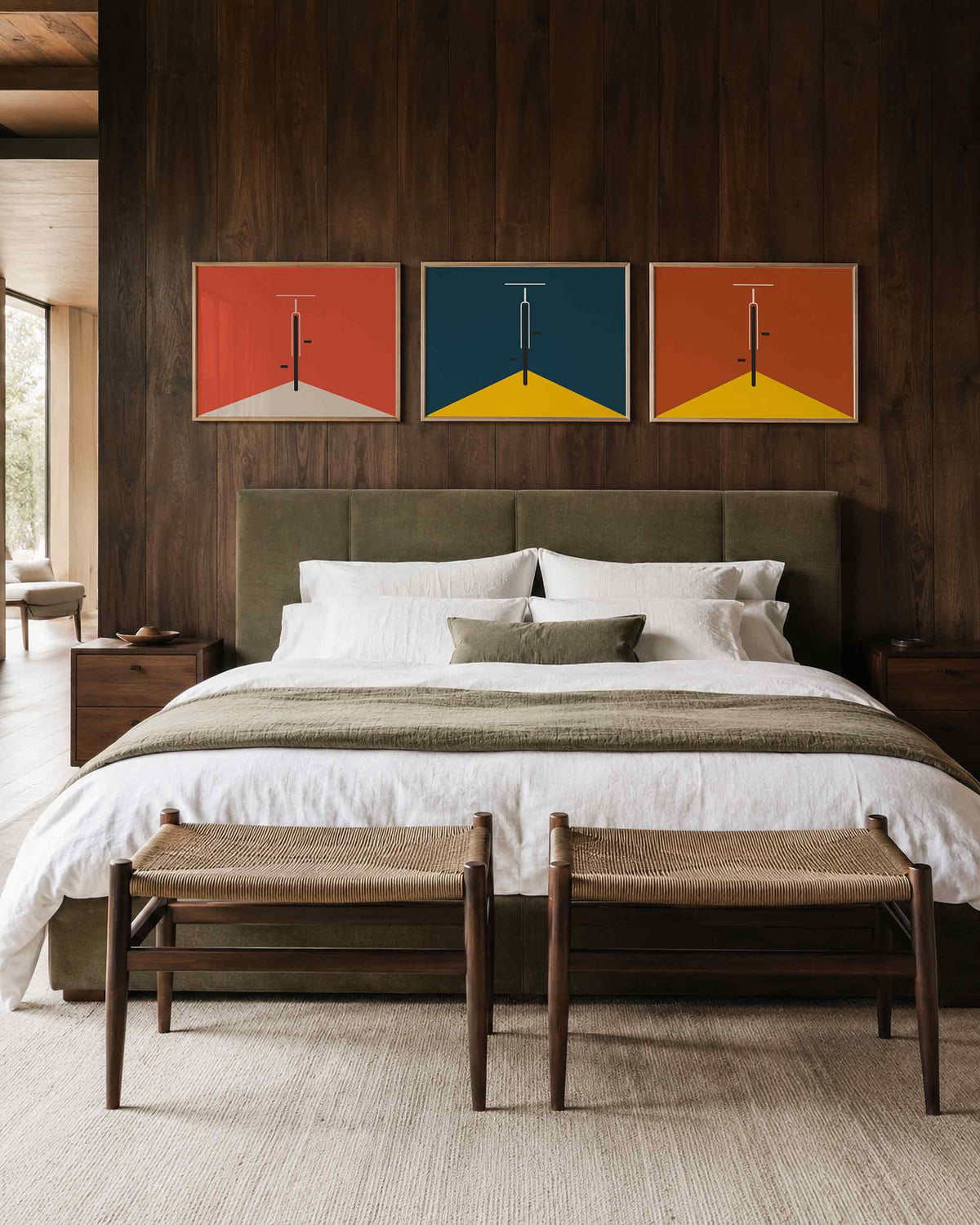 Interieurmockup van drieluik landscape-posterset met hoeklijn in drie kleuren