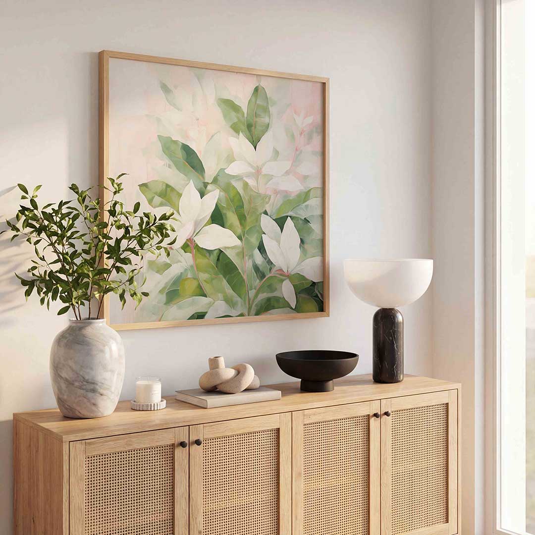 Witte bloemen en groene bladeren Poster