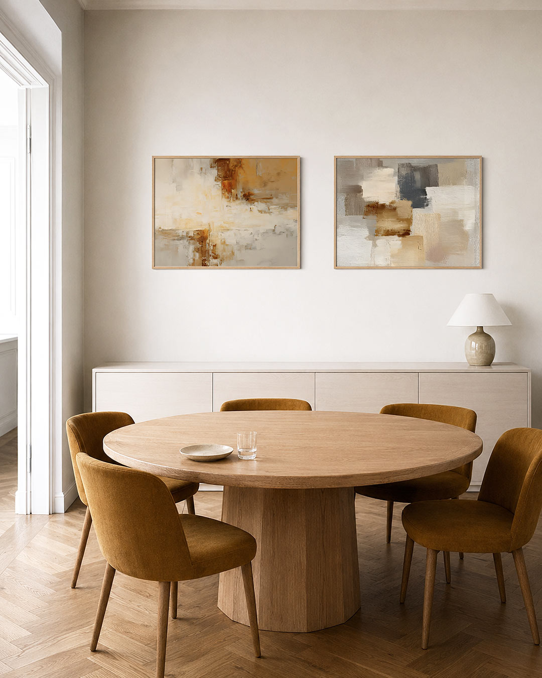 Interieurpresentatie van twee posters met warme tinten