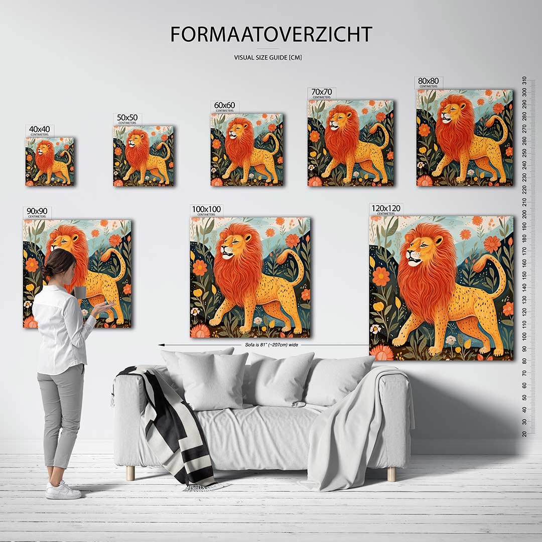 Leeuw in bloemenveld Kunstwerk