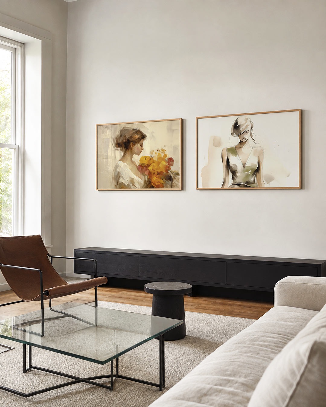 Twee liggende posters met een vrouw in profiel met een boeket van gele en oranje bloemen, aan de muur in een interieur