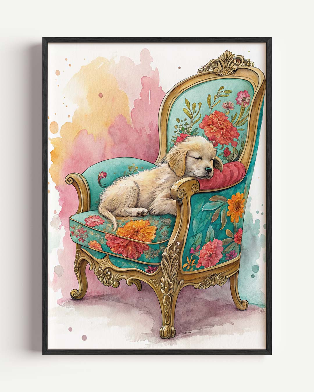 Dromerig Puppy op Bloemenstoel Poster-WallArtistic