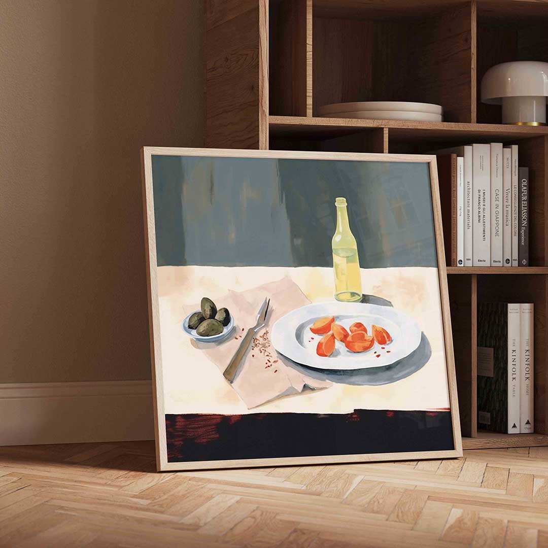 Stilleven met fles en fruit Poster