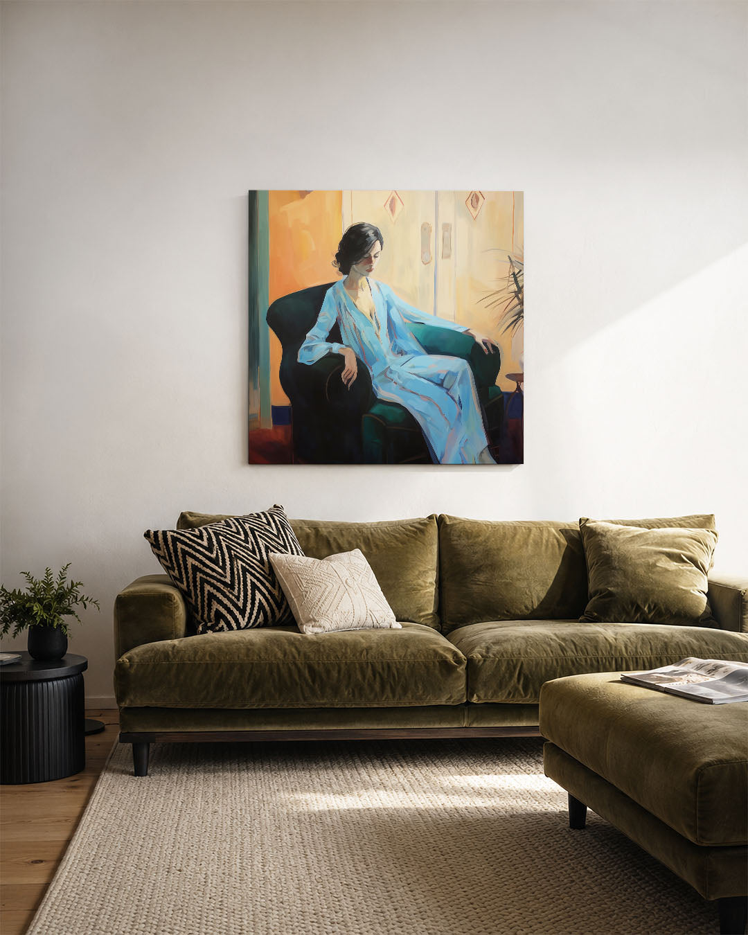 Vrouw in blauwe kamer Kunstwerk