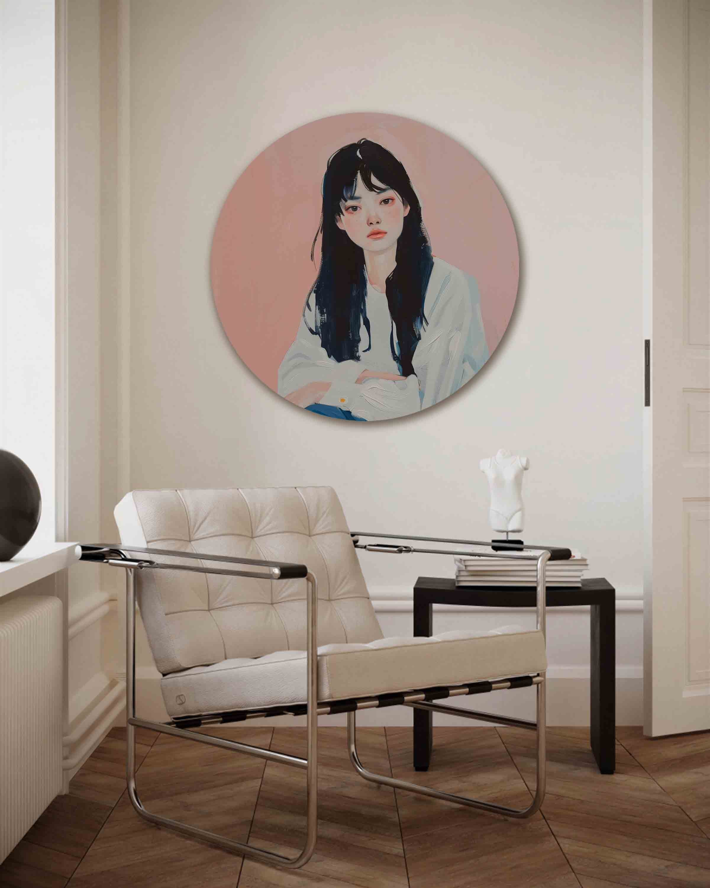 Portret met roze achtergrond Muurcirkel