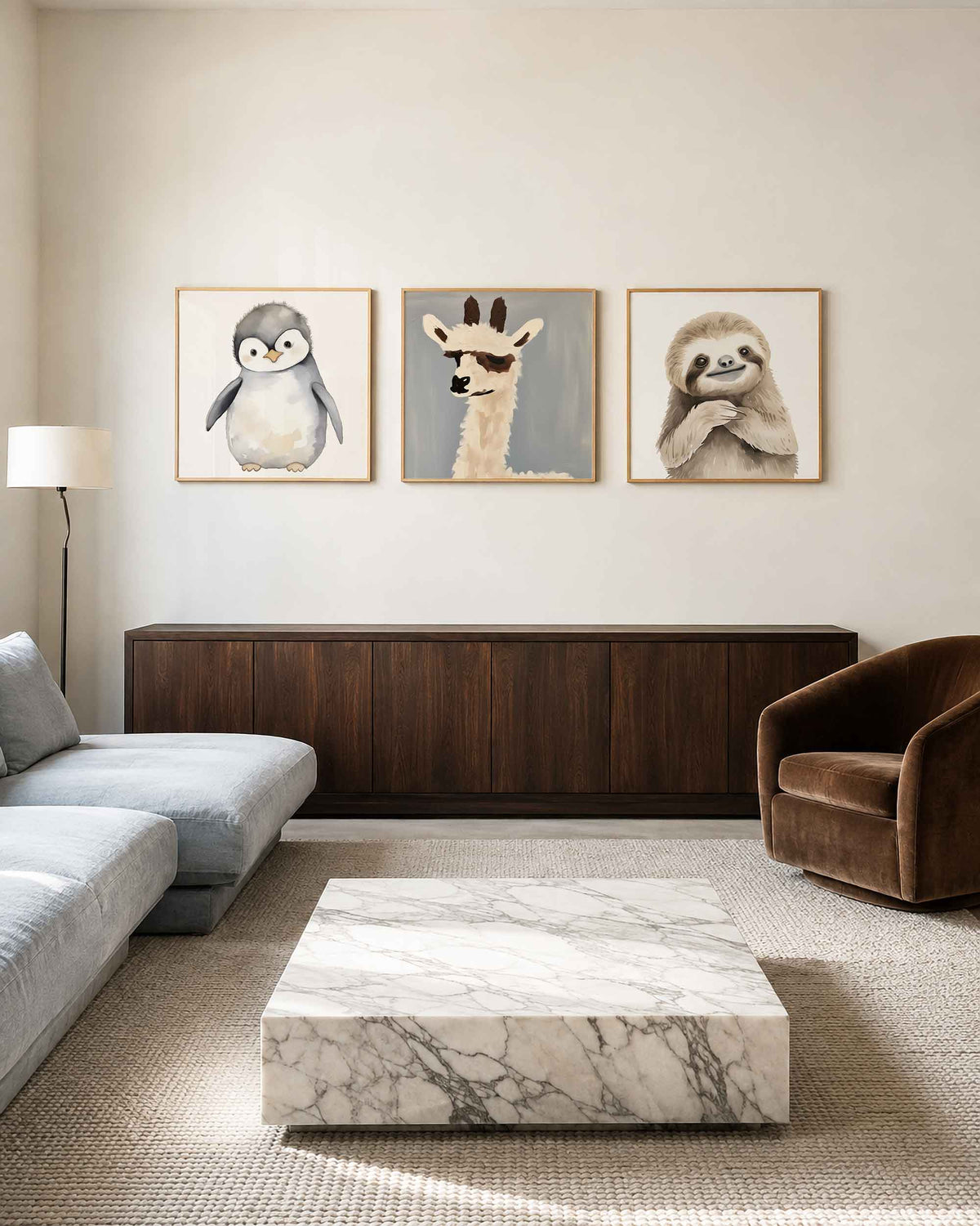 Interieurpresentatie van een driedelige vierkante posterset met dierenportretten