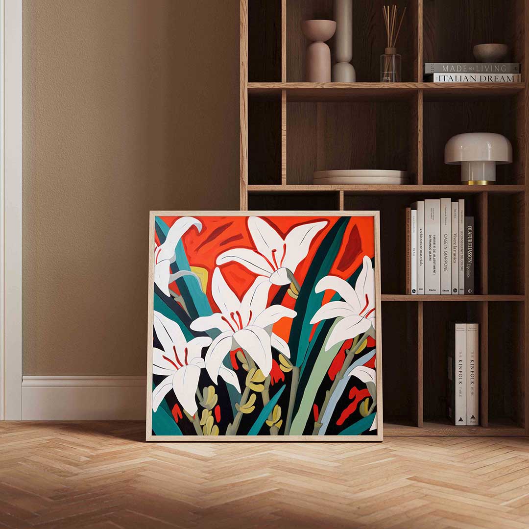 Witte bloemen op oranje achtergrond Poster