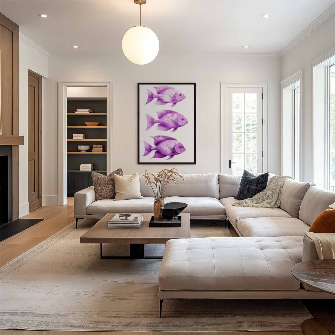Speelse Paarse Vistrio Kunstwerk-canvas-dibond-plexiglas-wanddecoratie-WallArtistic
