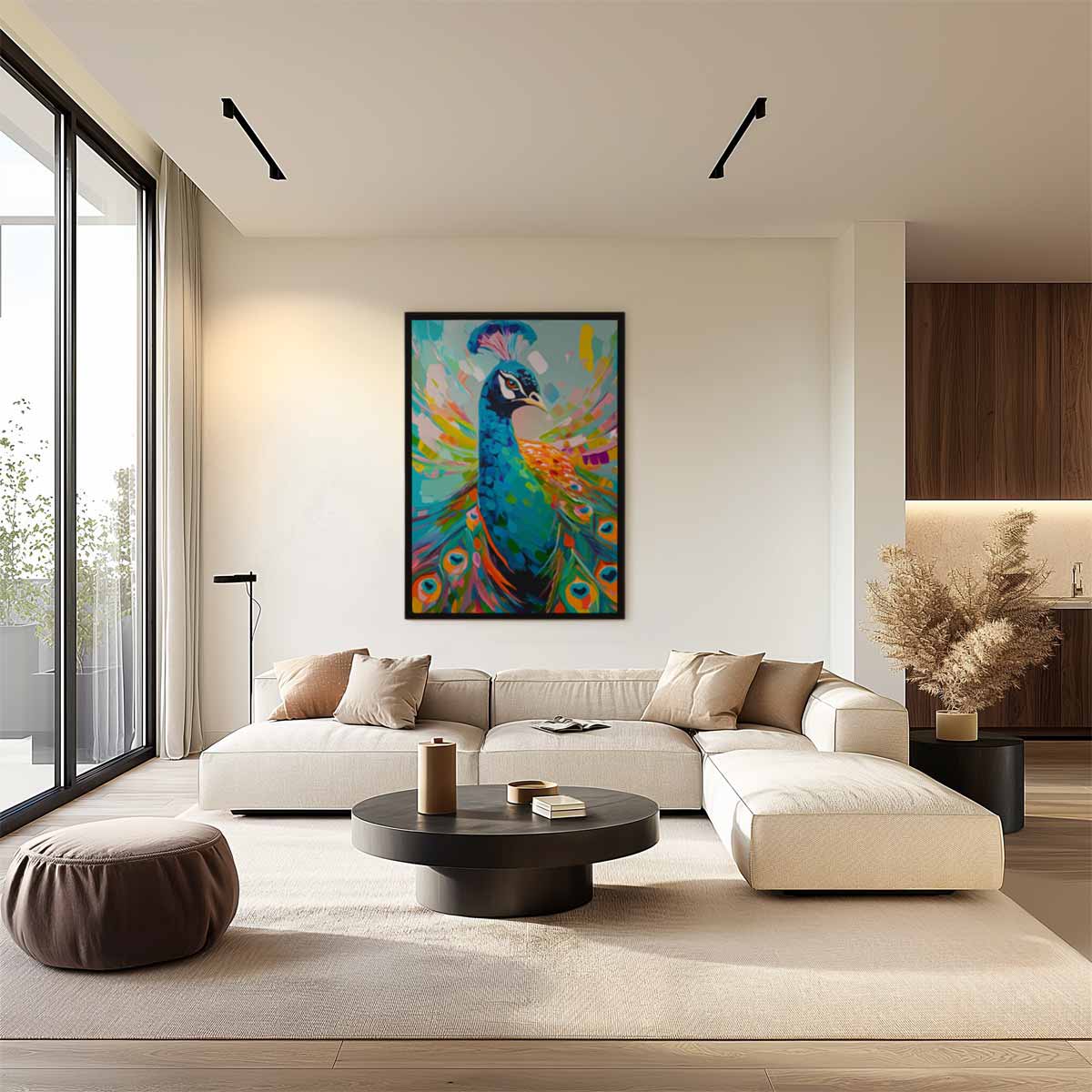 Kleurrijke Pauwportret Kunstwerk-canvas-dibond-plexiglas-wanddecoratie-WallArtistic