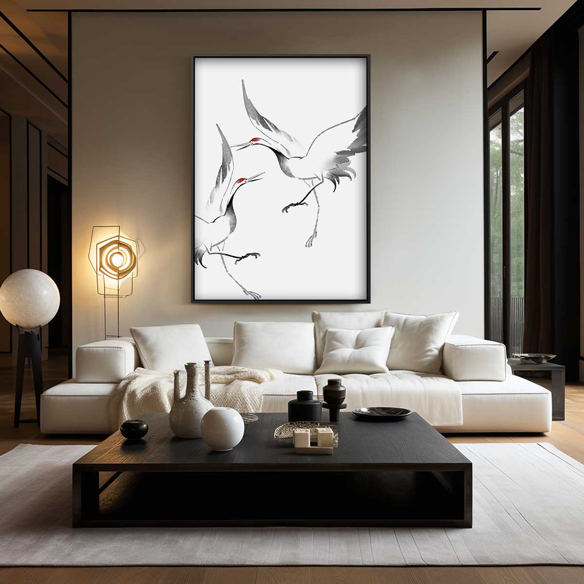 Elegante Kranen in Vlucht Kunstwerk-canvas-dibond-plexiglas-wanddecoratie-WallArtistic