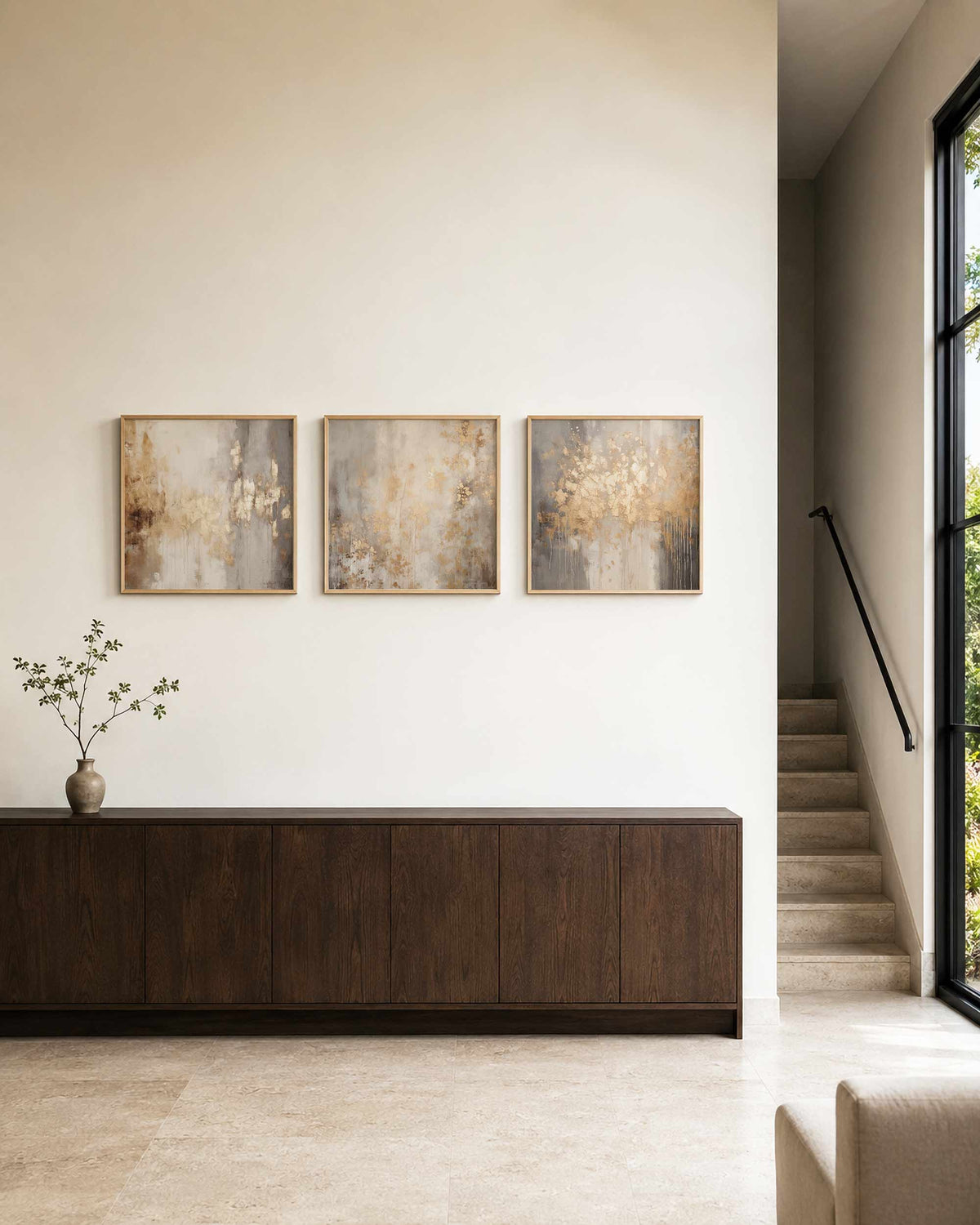 Interieurpresentatie van een driedelige vierkante posterset met abstracte beige kunst