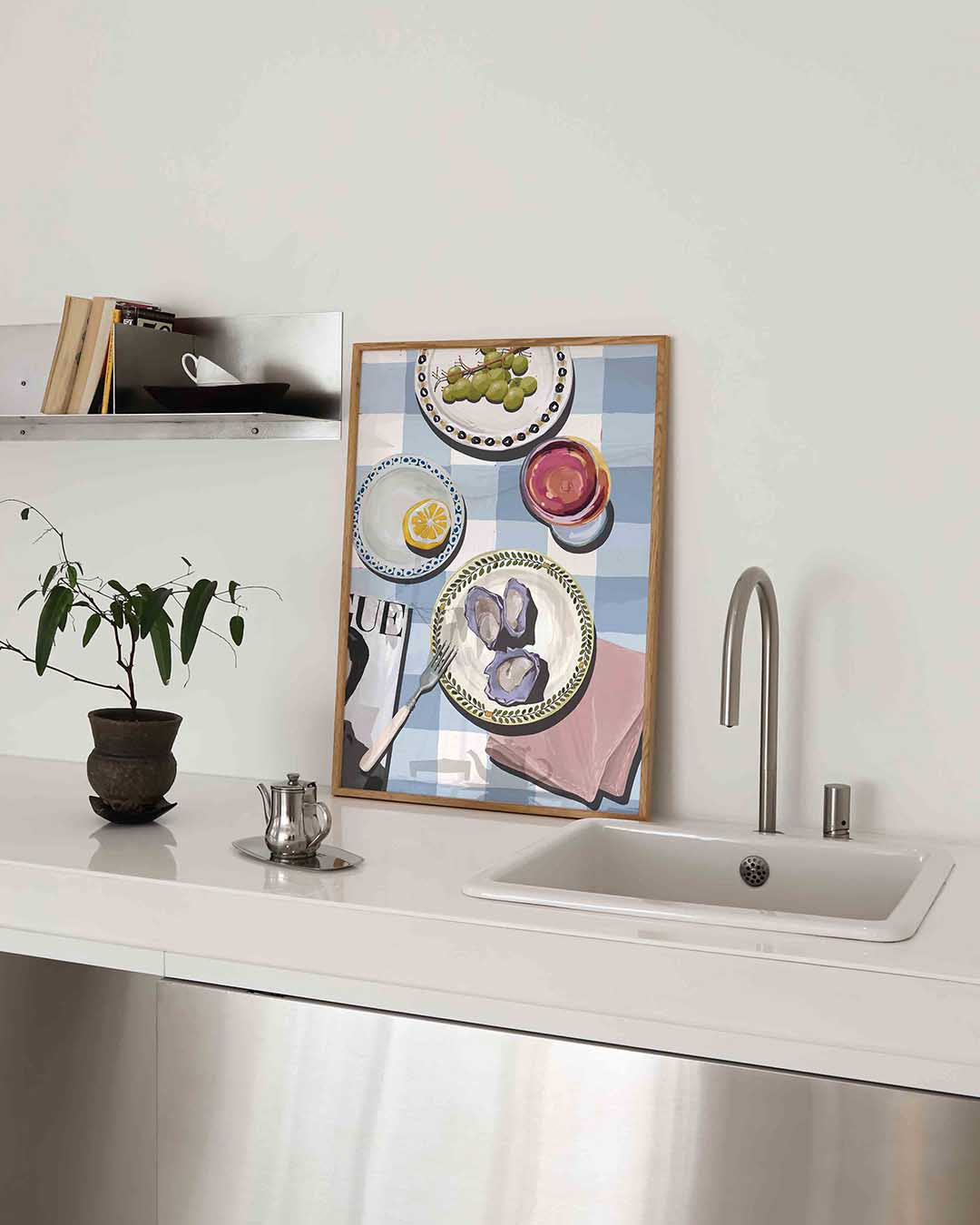 Tafel met druiven en oesters Poster