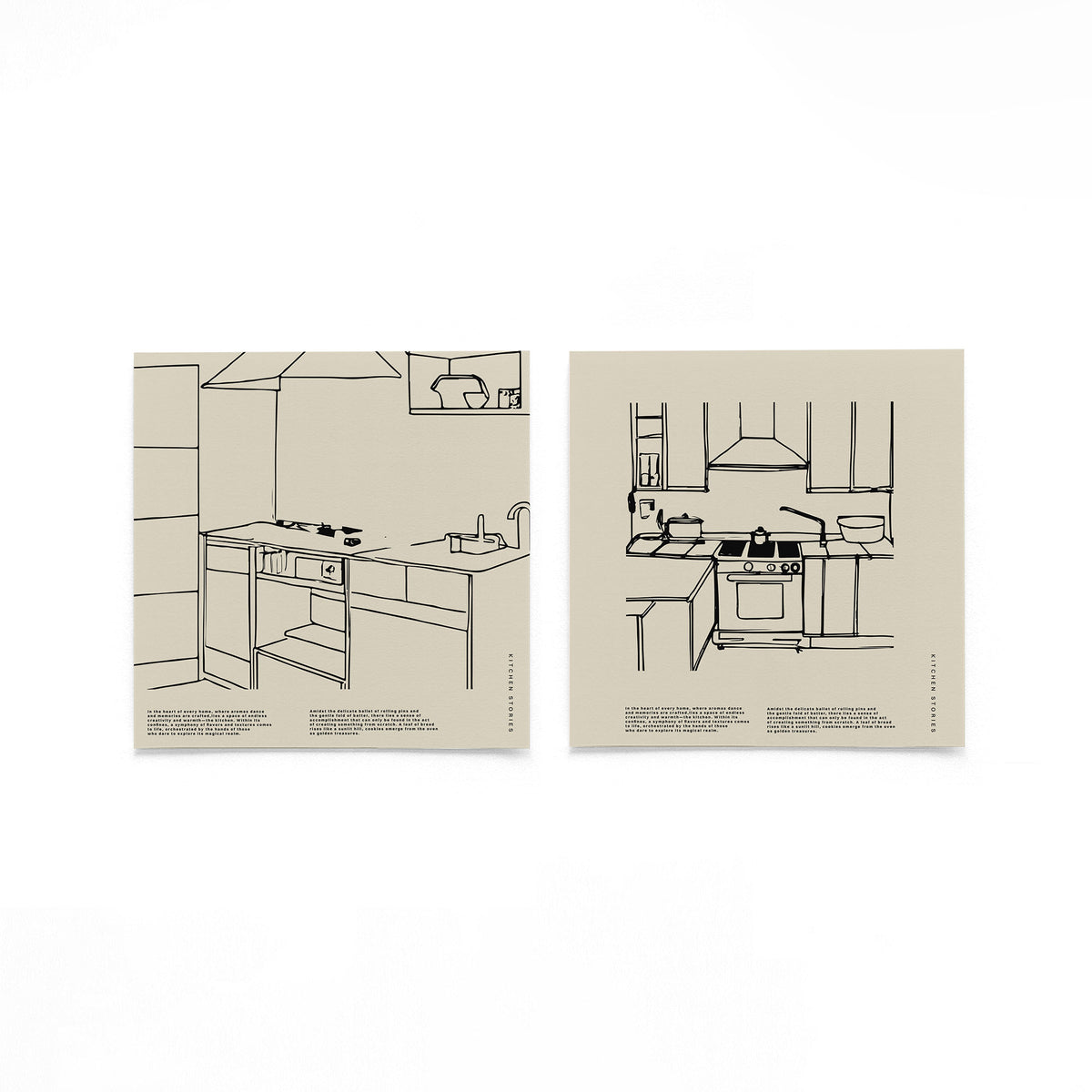 Twee vierkante posters met keukenillustraties op een gebroken witte achtergrond