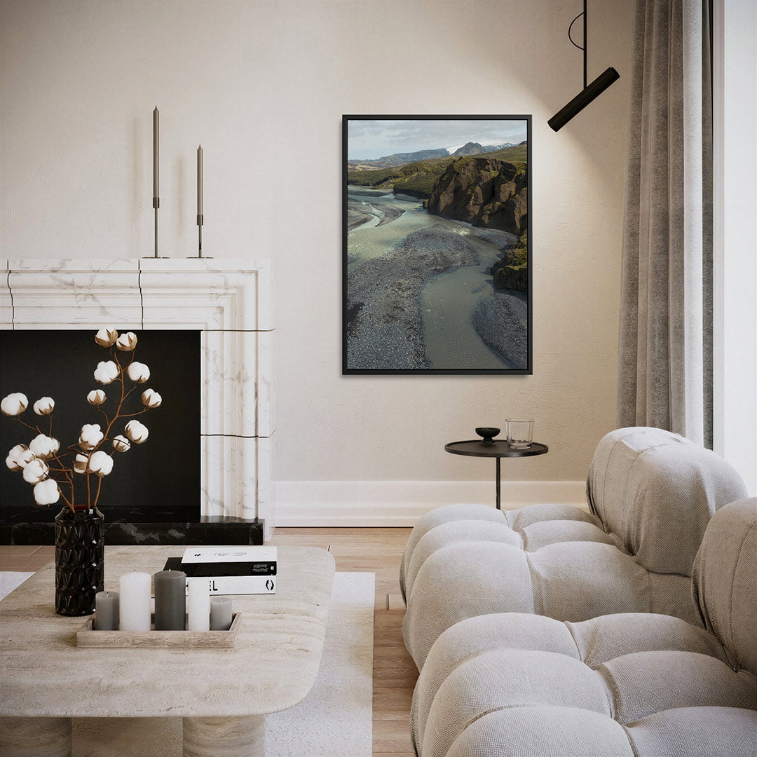 Rivierlandschap met bergen Kunstwerk