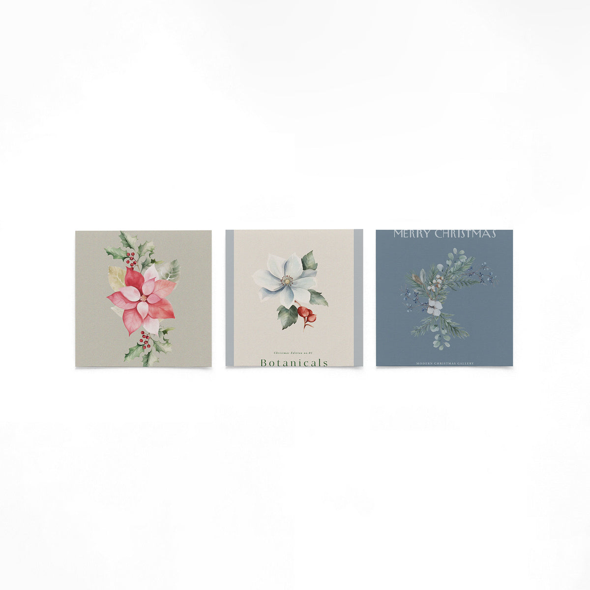 Drie vierkante posters met botanische kerst op een gebroken witte achtergrond