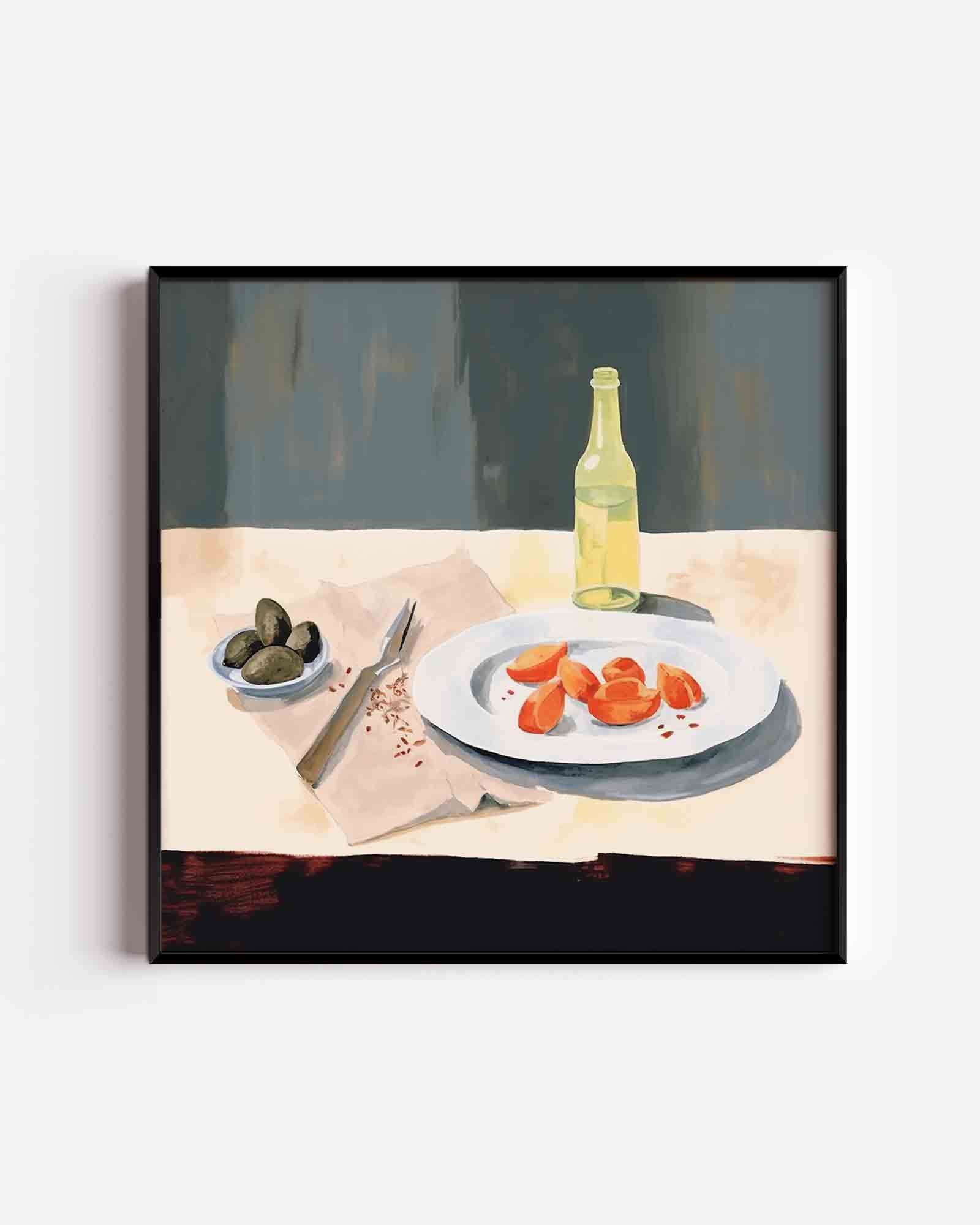 Stilleven met fles en fruit Poster
