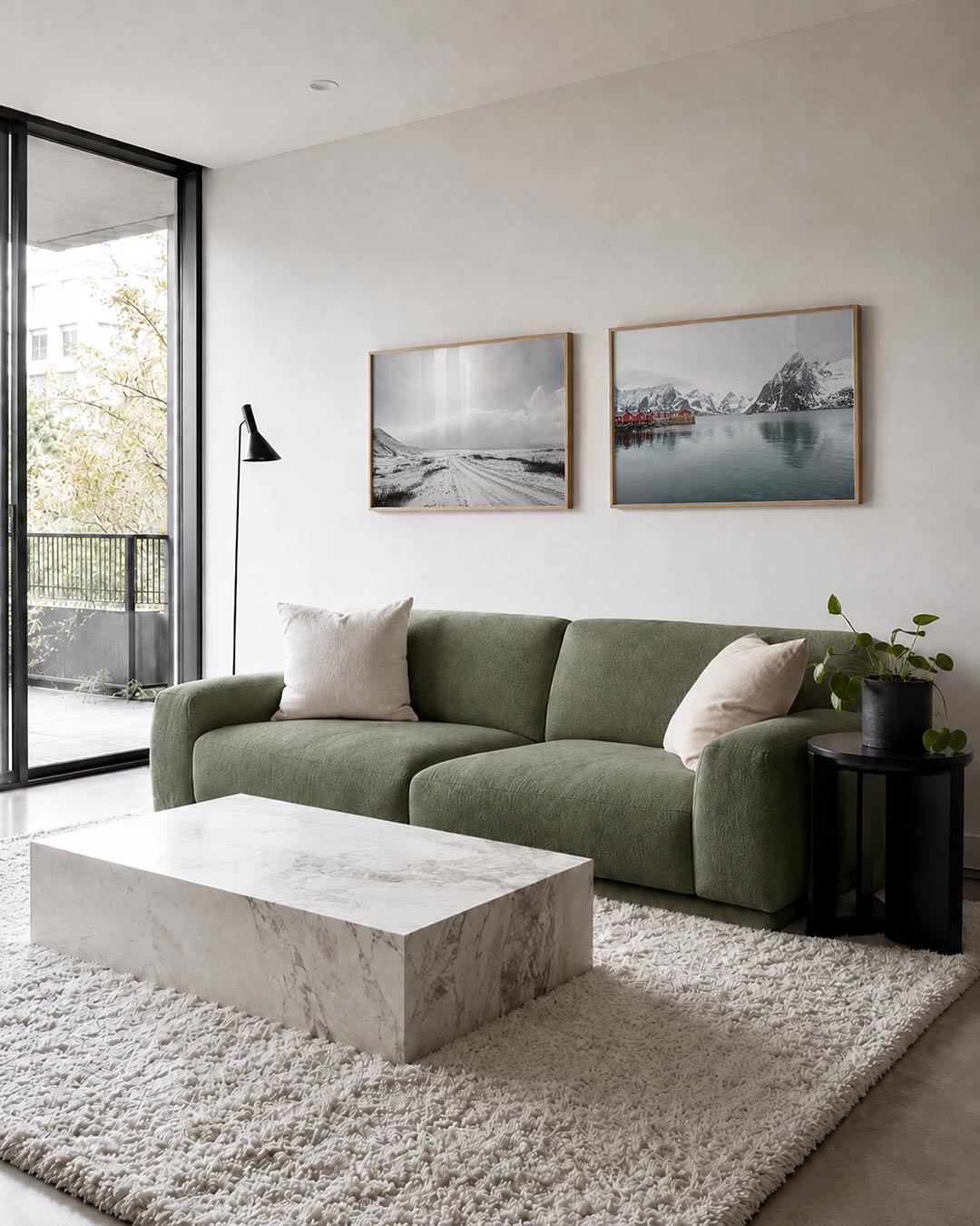 Interieur met liggend fotografisch tweeluik sneeuwlicht aan het water – Gerald Emming